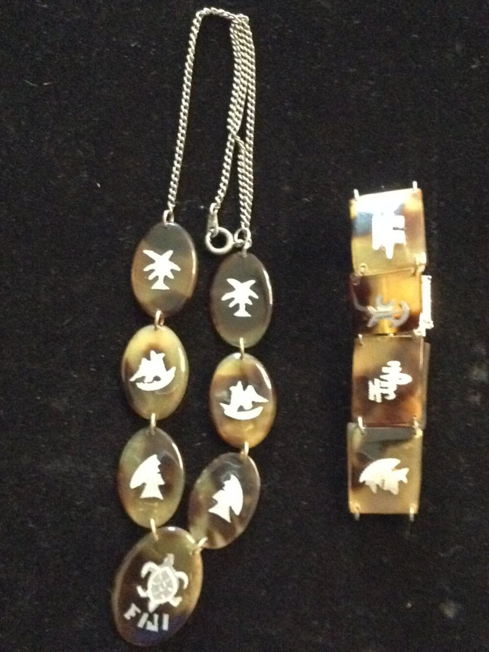VTG 70's Fiji Island Souvenir Jewelry Set Silver Inlay Vacation Vibes Hang 10